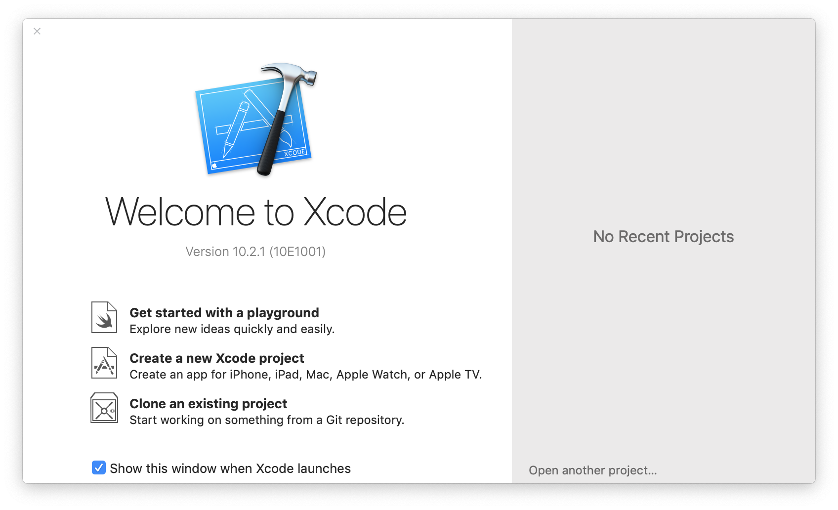 Welcome to Xcode window screenshot