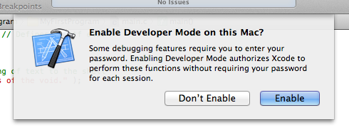 Xcode's 'enable developer mode' confirmation window